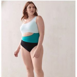 One shoulder teal swim suit 3X